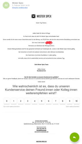  Mister Spex Gutschein Rabatt Code 50€ Euro Brille Sonnenbrille Optiker Kontakt