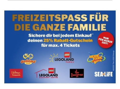   25% Rabatt Code für bis zu 4 Tickets Heidepark SeaLife Legoland Gardaland u.a.
