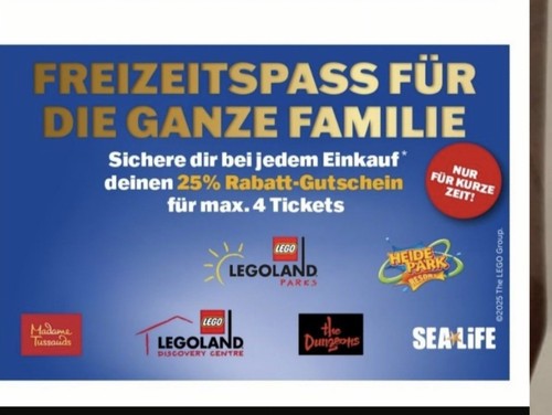  💚💚Gutschein Code 4 x 25 %  für Legoland, HeidePark, SeaLife -u.s.w.. 💚💚