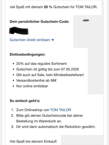  TOM TAILOR 20% Rabatt Gutschein gültig bis 07.05.2026 Kein MBW, auf Alles!