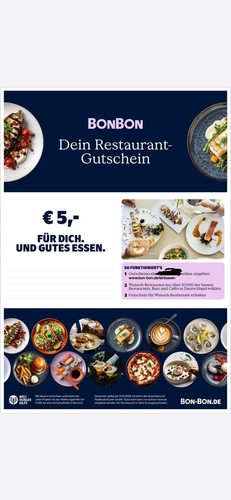 Restaurantgutschein 5€ von BON BON - Code auch per E-Mail erhältlich Restaurantgutschein 5€ von BON BON - Code auch per E-Mail erhältlich